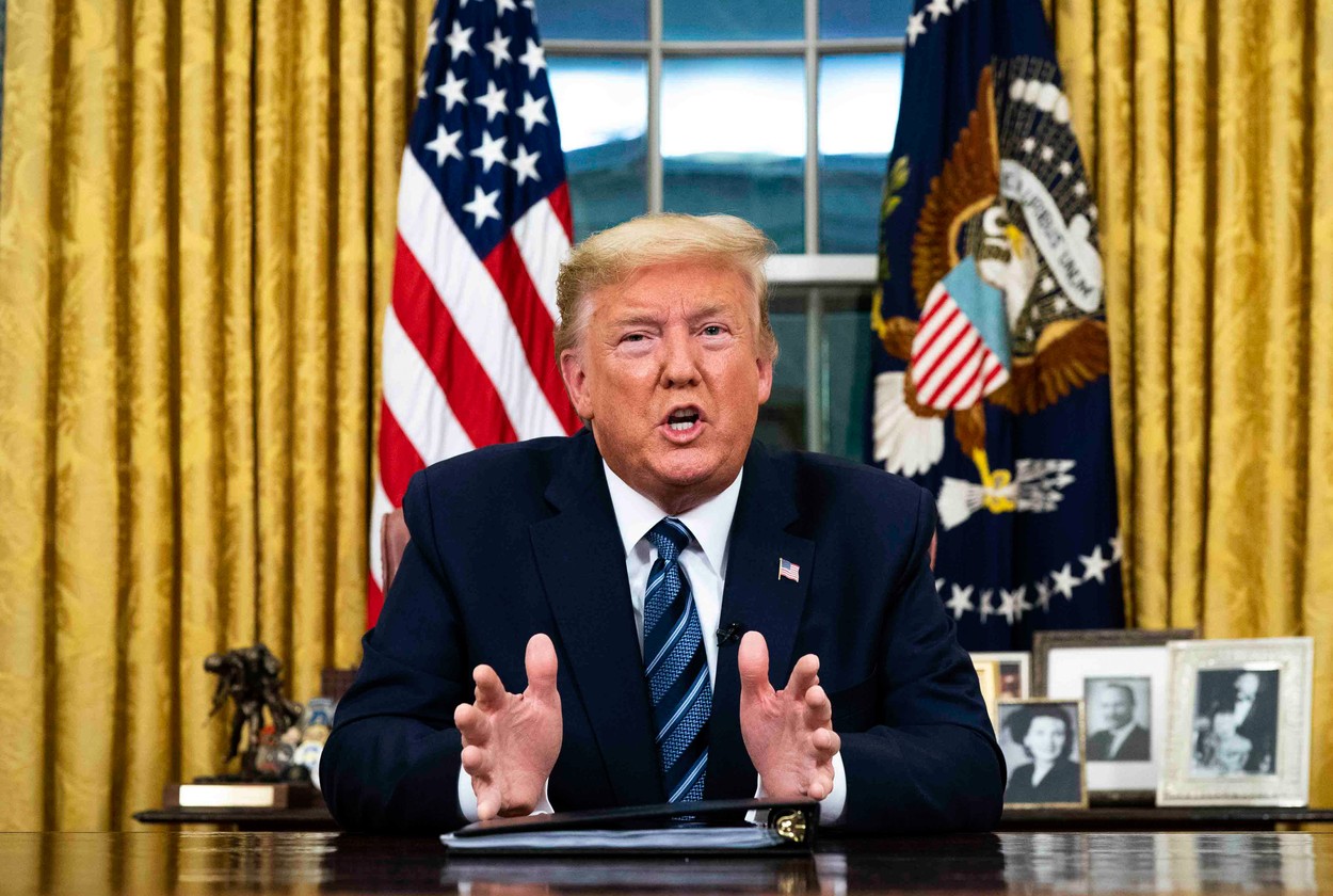 President Donald Trump addresses the Nation from the Oval Office about the widening coronavirus crisis, in Washington, DC, USA on Wednesday, March, 11, 2020., Image: 505442997, License: Rights-managed, Restrictions: , Model Release: no, Credit line: Pool/ABACA / Abaca Press / Profimedia